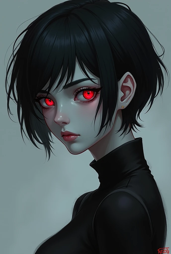 Create a female character with the following characteristics, a gray tieflyn with red eyes and short but not so black hair in anime style from the front