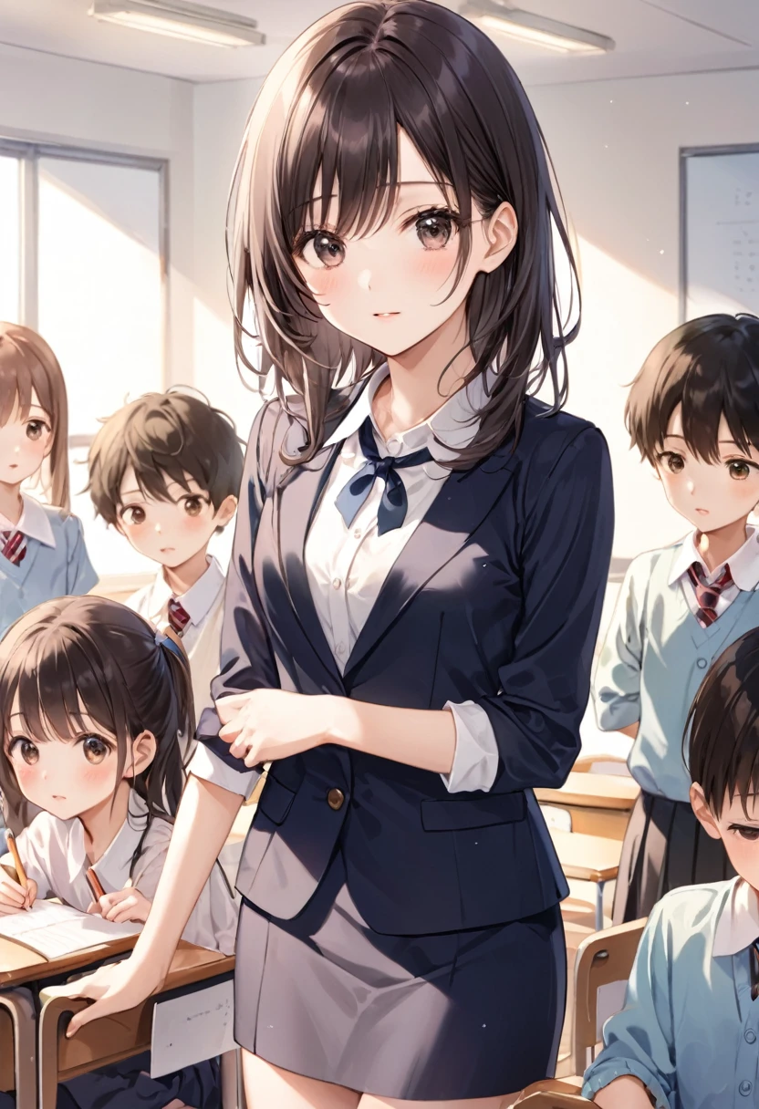 CG、real、Are thin、Narrow waist、Smooth image quality、Delicate face and hair、Female teacher、学校のFemale teacher、at school、Surrounded by clothed children、Soft atmosphere、Naked teacher、In the classroom、Children in small clothes around、The children stare at the teacher、Description of the teacher&#39;s nipples、A teacher with an embarrassed face、Children look at the teacher、Japan Sensei、Delicate body depiction、topless、Cover your chest with your hands、Naked teacher、Children surround the teacher