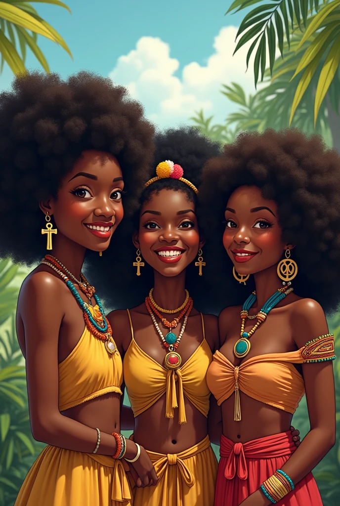 créer une image de cinq copines voulant mettre en valeur leur beaux cheveux crépus, elles sont des afro haïtienne, avec des perles, colliers, boucles d'oreilles ankh, habits traditionnels Elles marchent dans le jardin botanique très coloré de Martissant, Haïti. avec sa amie Jesula, afro haïtienne, cheveux crépus avec un barrette coloré bien habillé, elles sont très joyeuses. Sachant que Atabey vodouisante et Jesula protestante. Titre du livre "Les cinq copines pour la vie".