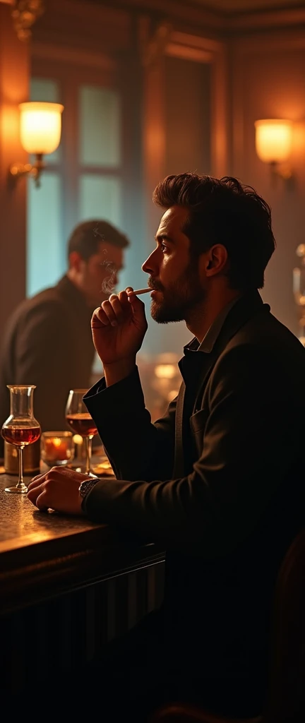 a man sitting at the bar, talking to the bartender, smoking a cigarette, elegant bar interior, warm lighting, detailed face and expression, High quality photorealistic, cinematographic composition, intricate details, chiaroscuro lighting, moody atmosphere, muted color palette