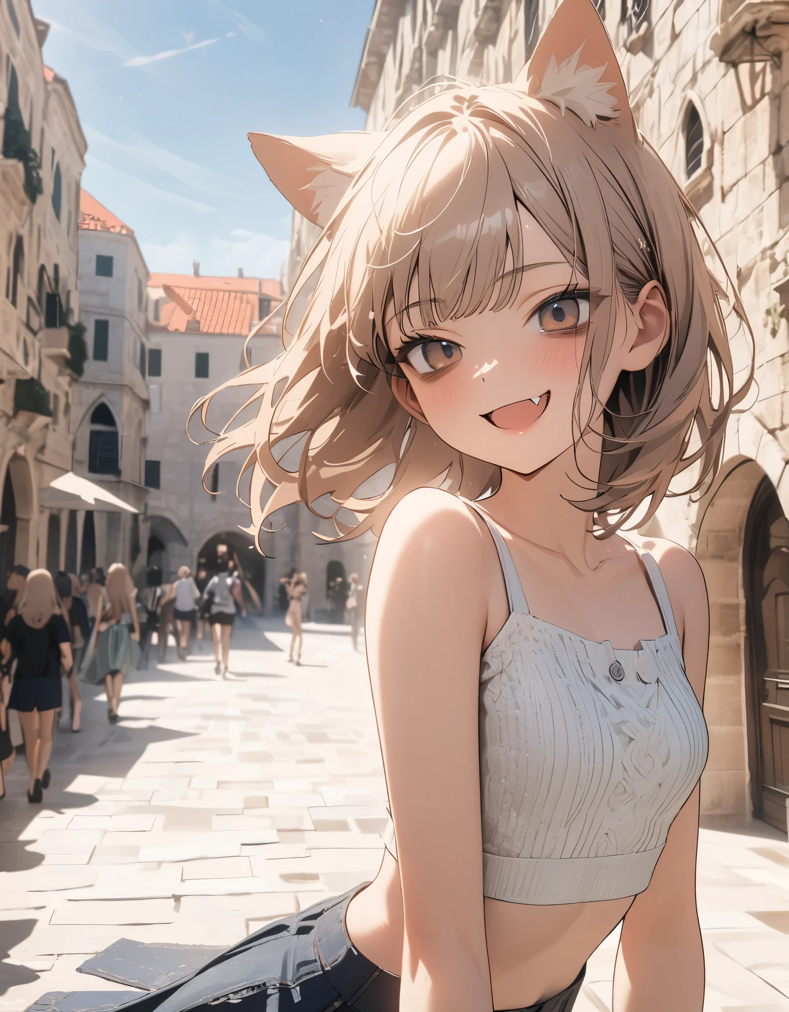 ((Masterpiece)), ((best quality)), (wide shot), (super detail:1.2), (High Definition:1.3), ((extremely detailed)), (8K), (Professional Photography:1.2), (very aesthetic:1.2), (absurdres:1.2), (sharp focus), (perfect light), (drop shadow), 8K, Glossy skin, cinematic lighting, 1girl, (Knit fabric crop top), (Cute innocent teenage girl), slendar body, small breast, glossy medium hair, (loose blunt bangs), ((bags under the eyes)), open mouth wide, fang out, (smug), beautiful collarbones, (slightly exposed shoulders), (put on cat ears), pale brown hair, Hair that flutters in the wind, BREAK, (cute cheeks), glossy lips, pouty lips, (lower eyelashes), (Walking on Dubrovnik townscape in Croatia), summerday, perfect hands, (detailed background:1.2), (newest), clear line,