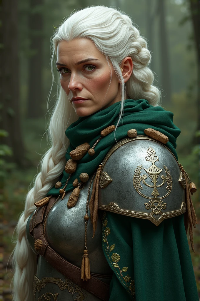 create the image of the character described: Safira is an elderly woman of average height./lowrise (cerca de 1,55m a 1,60m). She has completely white hair, long and smooth, usually tied in a braid. Your eyes are deep green, with a wise and determined look. She wears full steel armor, adorned with engravings of leaves and roots, and wears a dark green cloak with the symbol of Khalmyr embroidered in silver on the back. Small wooden charms, stones and dry leaves are stuck in his armor and cape, reflecting your connection to nature.