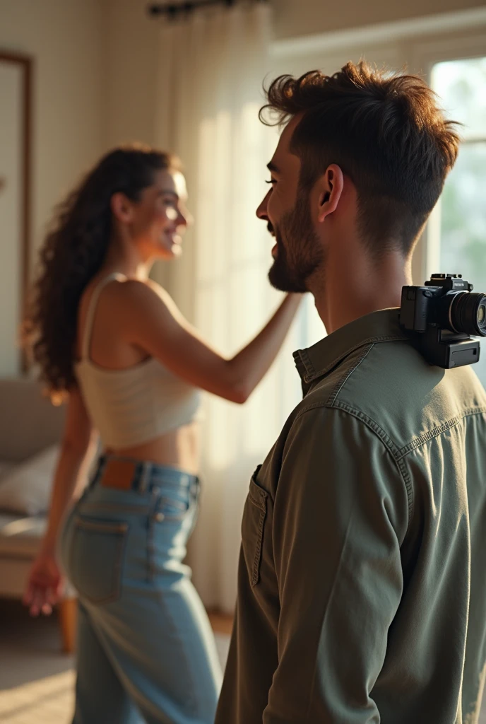 2024 Husband is watching and smiling, his young wife is dancing, behind the wife there camera attached for live stream video