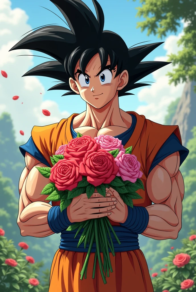 Goku with a bouquet of roses