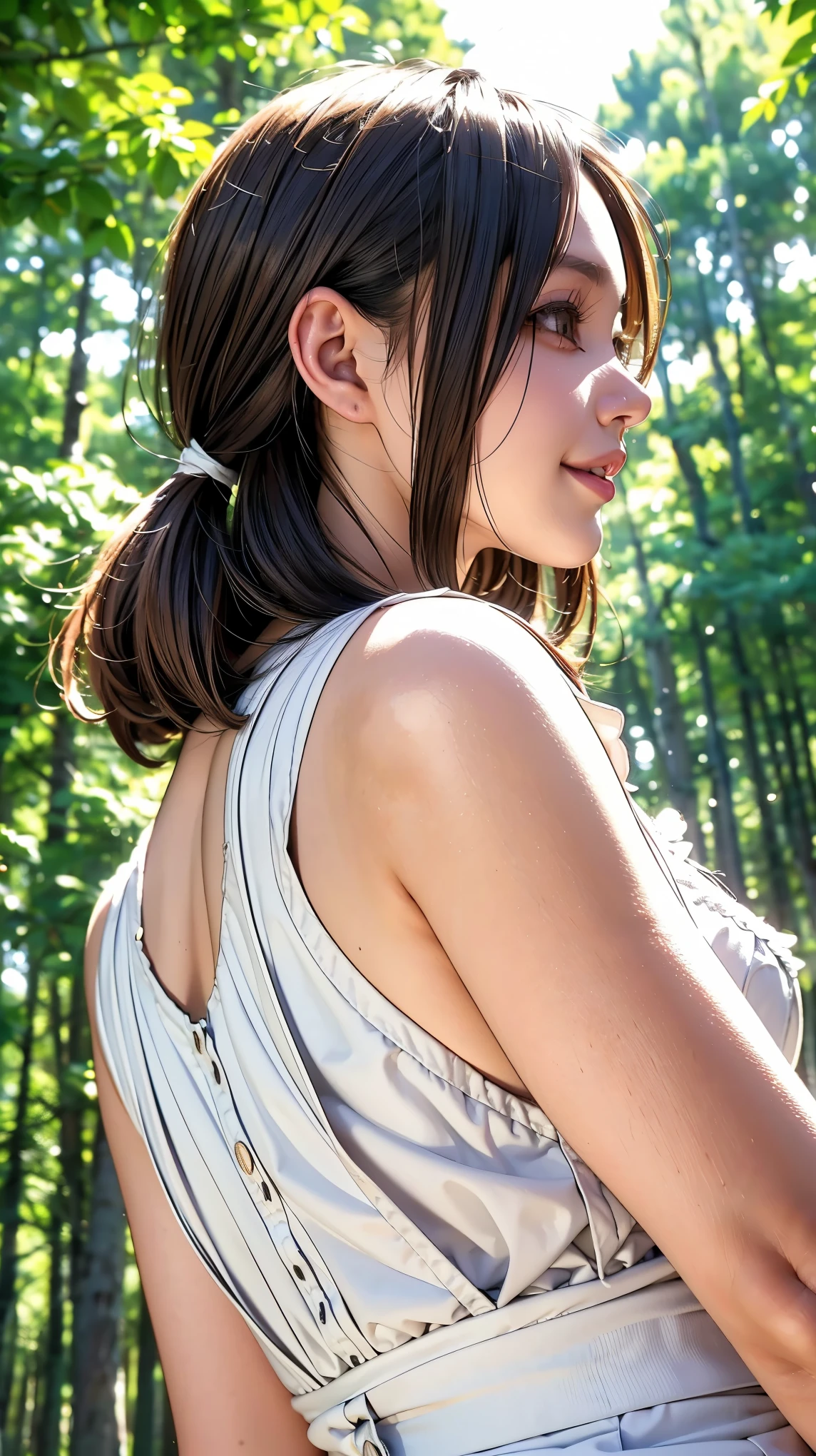 Realistic, masterpiece, Highest quality, Highest Resolution, High Detail, Soft Light, Professional Lighting, Backlight, Film Grain, The background is blurred, (Japanese high school girl, Height: 162cm, Small Tits), (The subject is a photograph of the upper body taken from below, profile:1.3), Walking, Laughing happily, Open your mouth, Beautiful and detailed eye drawing, Droopy eyes, Dark Eyes, Draw eyelashes carefully, Eyelash extensions, Gal Makeup, Orange Cheek, (White brown braids,Short Hair, middle part:1.3), (Hidden eyelid wrinkles:1.3), (Cool clothing:1.3), (Summer forest, Under the sun through the trees:1.3)
