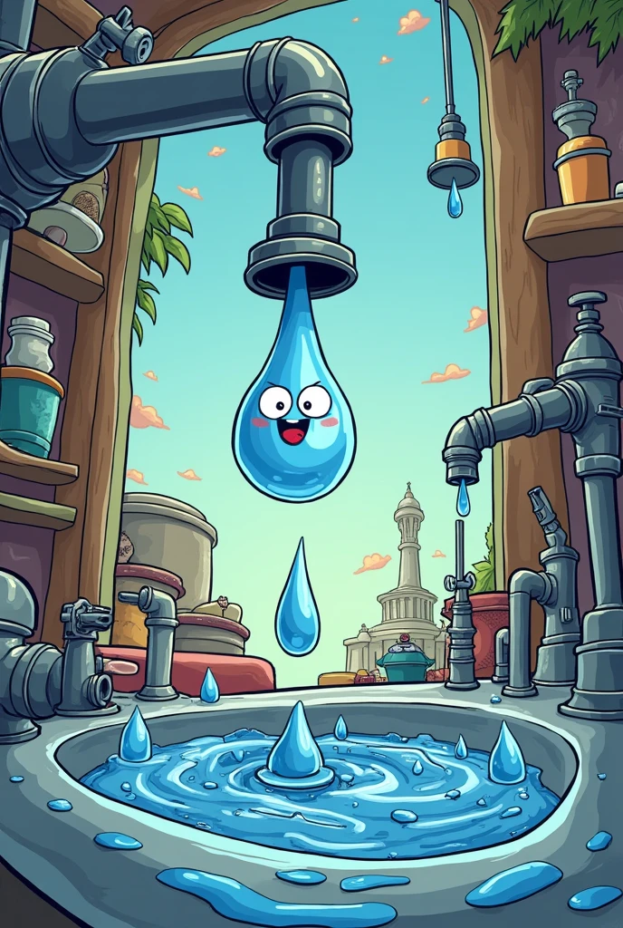 A comic about a kitchen and inside A faucet in the kitchen, with a drop of water about to fall.