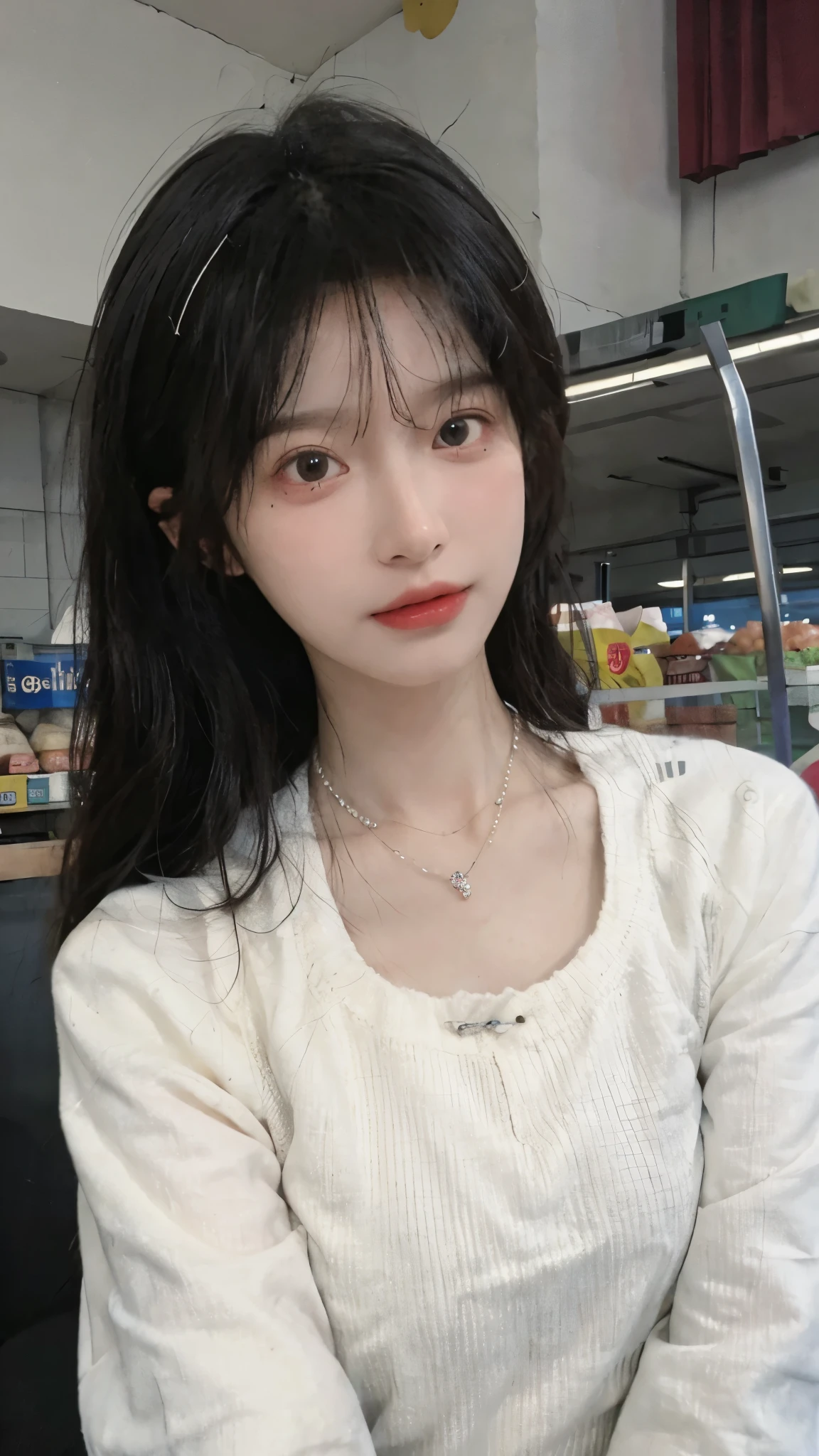 Best quality,Ultra-high resolution,(Realism:1.4),Cute hairpins,girll,Cropped black sweater,Look directly at the audience,Full of atmosphere,Beautiful woman with a slim figure:1.4,supermarket,whole body,Super delicate face,Exquisite eyes,Double eyelids,necklace