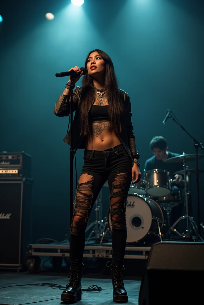 Thailand model, with black hair and 40 years old, who is a musician and has a rock band, have many tattoos and piercings