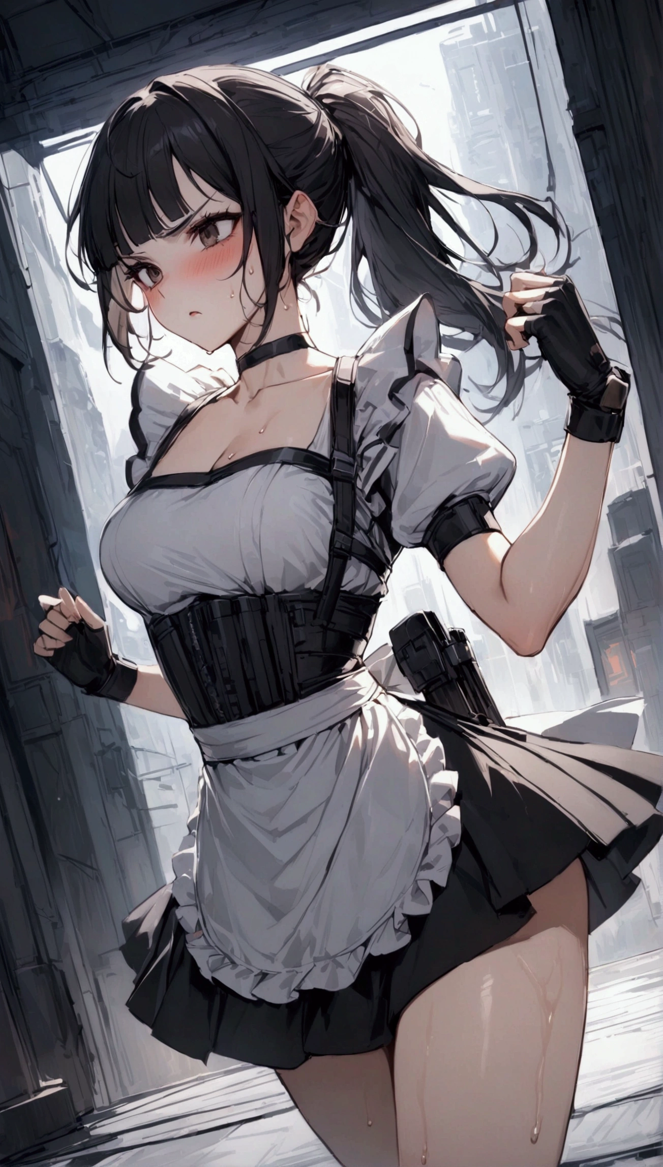 1girl solo,Female fighter ,maid outfit, collarbone, {{white puff sleeves:1.4}}, {{White short-sleeved puff-sleeved blouse:1.6}},black shoulder straps, black corset, black flared skirt, blunt bangs, black choker. Dynamic composition,dutch angle,{{fight}},{{masterpiece}}, {{{Highest quality}}},{{Very detailed}},holster　,Fight,,{{v-shaped eyebrows}},Bad mood,blush,Sweat,raise one's eyebrows　,Black hair Long hair,Blunt bangs　,cyberpunk　,Black fingerless gloves　,White frilled apron,ponytail,Beautiful thighs,Training area,Indoor