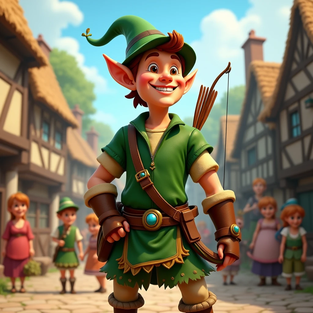 Bright shining and Smiling big Robin Hood looking to me in a big village 