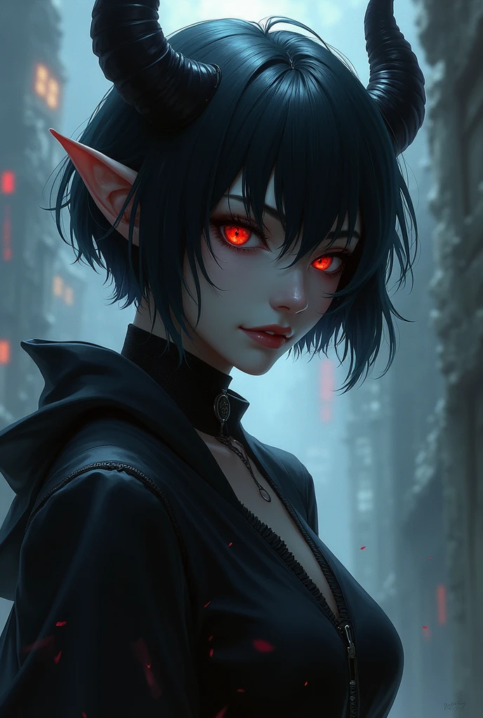 Create a female character with the following characteristics, a gray tieflyn with red eyes and short but not so black manga style hair from the front