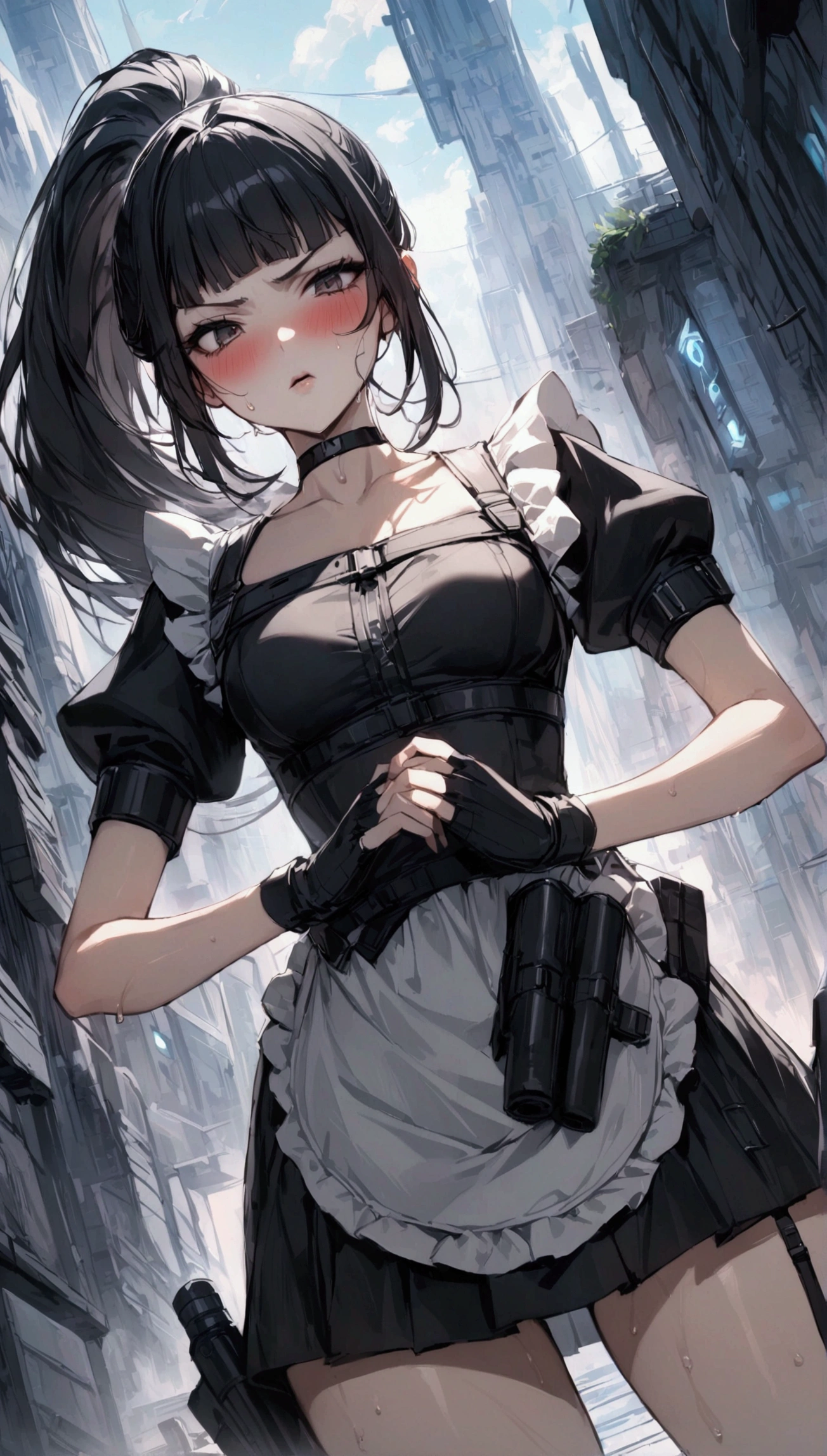1girl solo,Female fighter ,maid outfit, collarbone, {{white puff sleeves:1.4}}, {{White short-sleeved puff-sleeved blouse:1.6}},black shoulder straps, black corset, black flared skirt, blunt bangs, black choker. Dynamic composition,dutch angle,{{fight}},{{masterpiece}}, {{{Highest quality}}},{{Very detailed}},holster ,Fight,,{{v-shaped eyebrows}},Bad mood,blush,Sweat,raise one's eyebrows ,Black hair Long hair,Blunt bangs ,cyberpunk ,Black fingerless gloves ,White frilled apron,ponytail,Beautiful thighs,Training area,Indoor