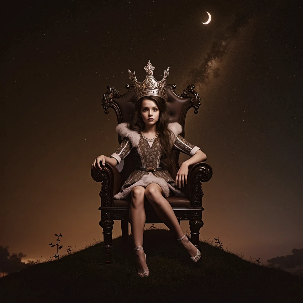 A girl sitting in a throne on the top of a hill in the night.