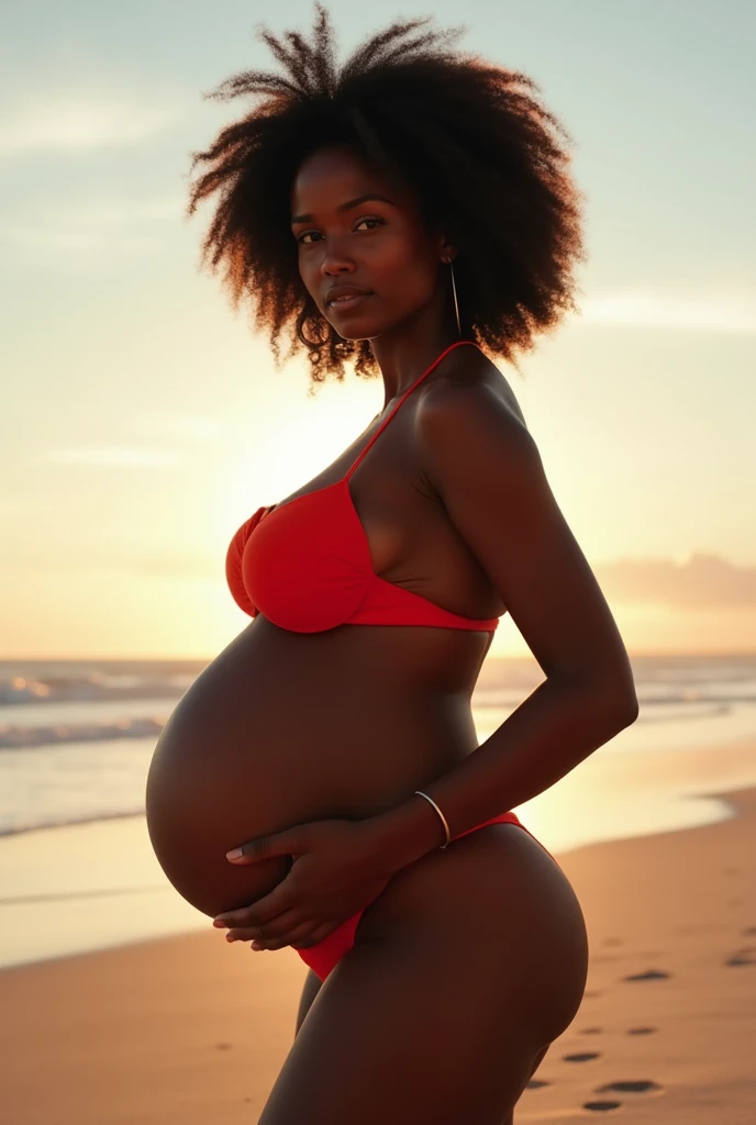 A dark pregnant black girl in a red bikini on the beach having her belly illuminated by the sun showing her ass to the screen with sensuality