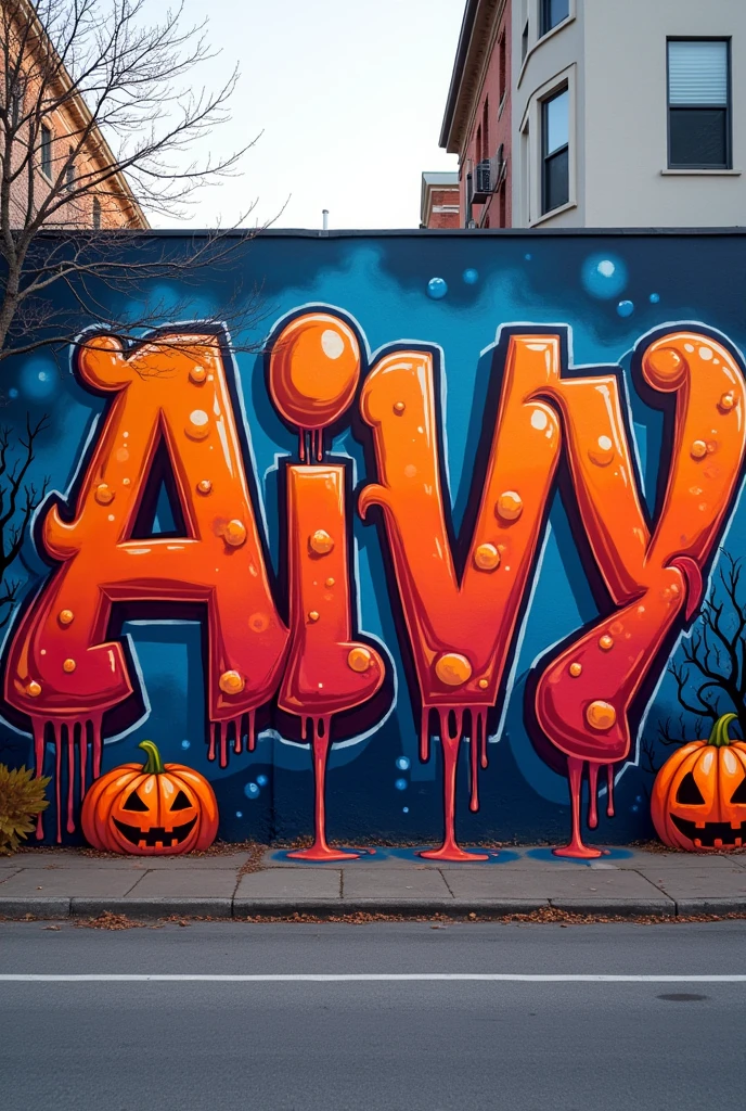 throw-up graffity  for the name “Aivy” with complex big thick bubbly shapped letters who merge together in halloween shade with thick white inlines bombing paint style dripping on a outside wall with big pumkins drawings grafitty style 
 Point of view  off the picture to face the wall from across the road not too close 
