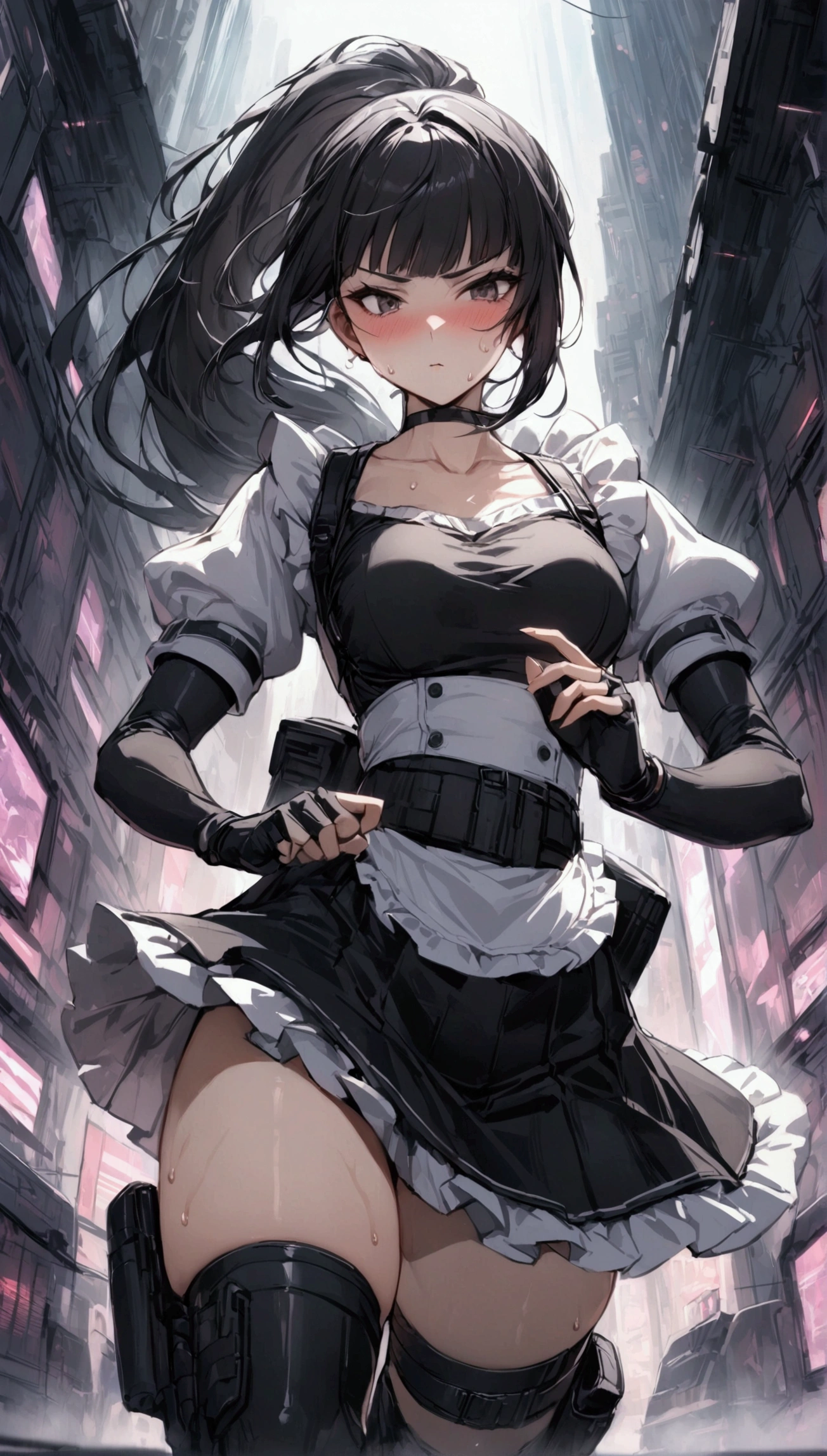 1girl solo,Female fighter ,maid outfit, collarbone, {{white puff sleeves:1.4}}, {{White short-sleeved puff-sleeved blouse:1.6}},black shoulder straps, black corset, black flared skirt, blunt bangs, black choker. Dynamic composition,dutch angle,{{fight}},{{masterpiece}}, {{{Highest quality}}},{{Very detailed}},holster ,Fight,,{{v-shaped eyebrows}},Bad mood,blush,Sweat,raise one's eyebrows ,Black hair Long hair,Blunt bangs ,cyberpunk ,Black fingerless gloves ,White frilled apron,ponytail,Beautiful thighs,Training area,Indoor