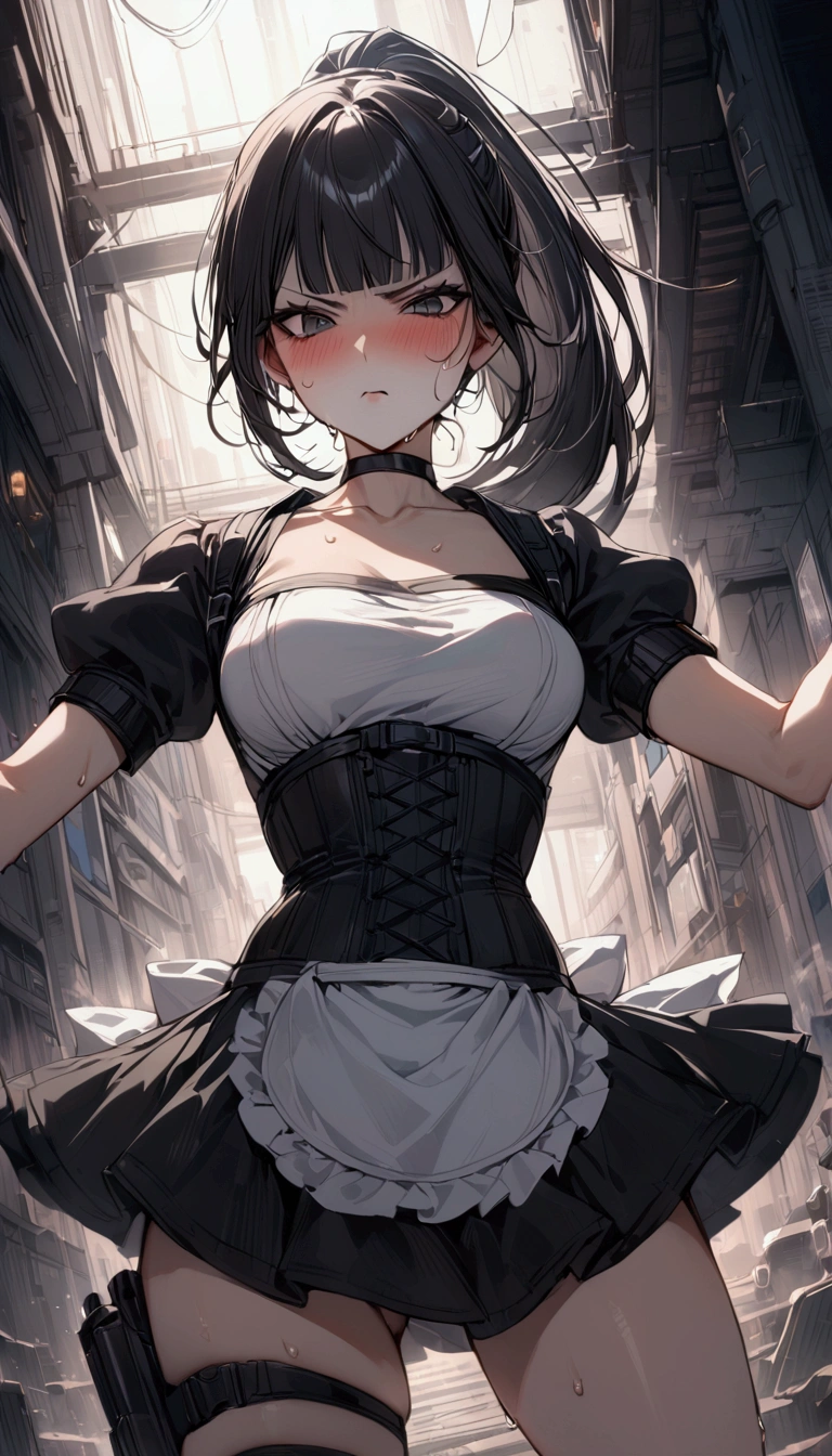 1girl solo,Female fighter ,maid outfit, collarbone, {{white puff sleeves:1.4}}, {{White short-sleeved puff-sleeved blouse:1.6}},black shoulder straps, black corset, black flared skirt, blunt bangs, black choker. Dynamic composition,dutch angle,{{fight}},{{masterpiece}}, {{{Highest quality}}},{{Very detailed}},holster　,Fight,,{{v-shaped eyebrows}},Bad mood,blush,Sweat,raise one's eyebrows　,Black hair Long hair,Blunt bangs　,cyberpunk　,Black fingerless gloves　,White frilled apron,ponytail,Beautiful thighs,Training area,Indoor