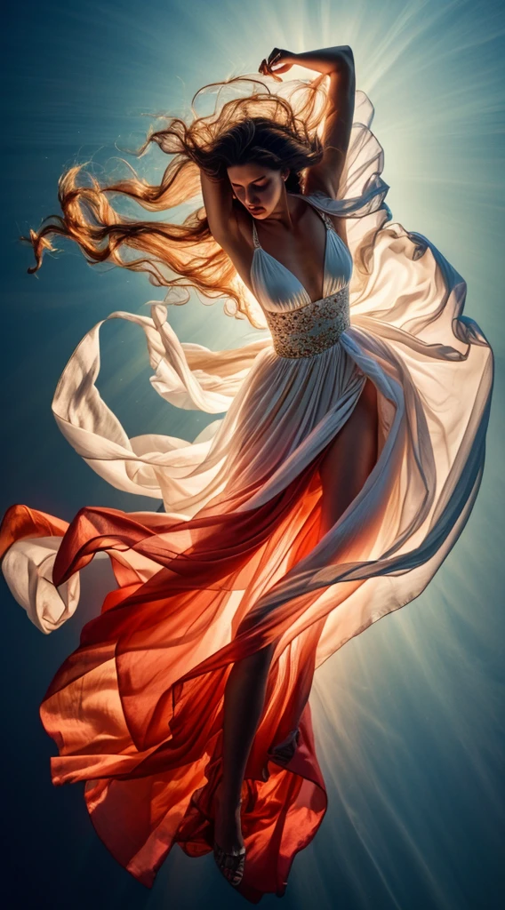 A woman in a long dress dancing with her hair blowing, Floating Dress, 美しくFlowing fabric, Covered in flowing fabric, flowing gown, Flowing fabric, Real Skin，Glowing Skin，Realistic color photos，Long Red Dress，Soaring from the sky、Hyper HD，8k