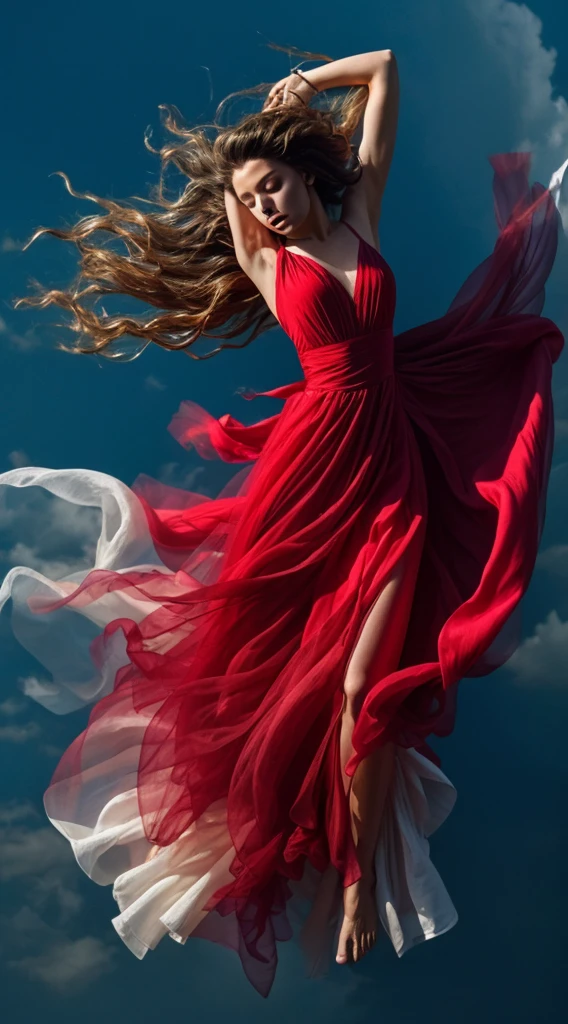 A woman in a long dress dancing with her hair blowing, Floating Dress, 美しくFlowing fabric, Covered in flowing fabric, flowing gown, Flowing fabric, Real Skin,Glowing Skin,Realistic color photos,Long Red Dress,Soaring from the sky、Hyper HD,8k