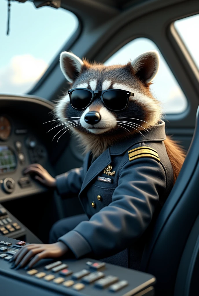 Realistic Adult Raccoon, driving a jet in the cabin, with dark sunglasses 