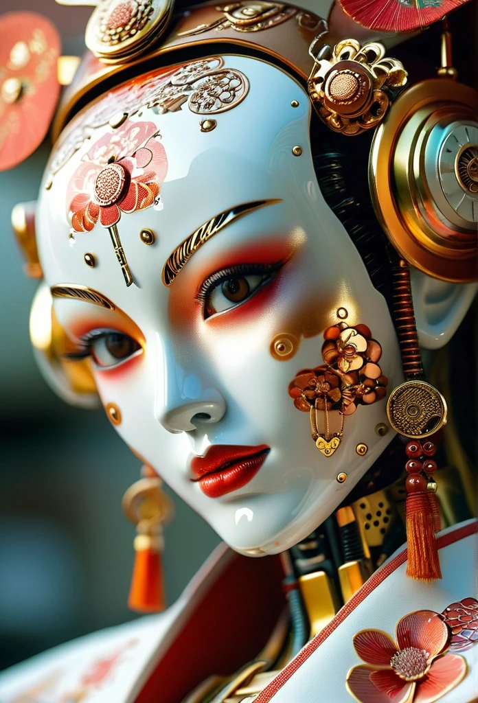(geisha::0.9) (Android robot face::2.2),White ceramic material,Cute girl with many mechanical details,stitch, Raw, rust,(Camera lenses instead of eyes:1.5) (Traditional intricate Japanese clothing:1.5) (Styled by Yuri Shvedov),Shallow depth of field, Vignette, (Fujicolor Super Rear X-TRA 400)