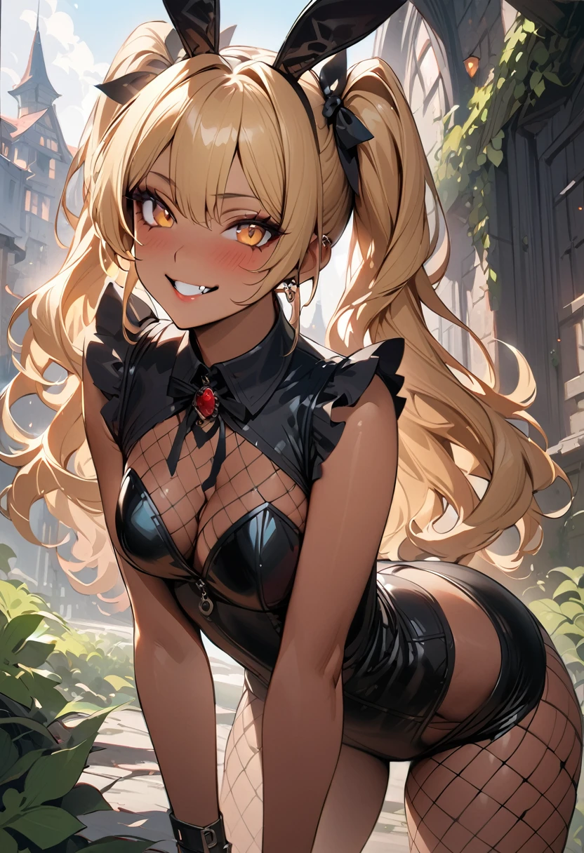 (masterpiece, best quality:1.5), (high resolution 8K), detailed eyes and face, detailed body,
BREAK 1 girl, japanese girl, longhair, twintail, blonde hair, blonde eyes, wave hair, (mascara:1.2), (tan skin, dark skin:1.2), double teeth, fang, (piercing:1.2), medium breasts,
BREAK (seductive smile, blush:1.2),
BREAK A gothic bunny girl wearing a dark black and red lace bodysuit with intricate detailing. Her black leather-like bunny ears and lace-up boots enhance the gothic aesthetic, paired with fishnet stockings for a dark, edgy look, cinematic composition, trending on Artstation,
BREAK A gothic bunny girl leaning slightly forward, one foot behind her for balance, both arms extended outward in a mysterious pose. She is in front of a decaying castle with broken windows and ivy-covered walls, moonlight casting eerie shadows, cinematic composition, trending on Artstation.