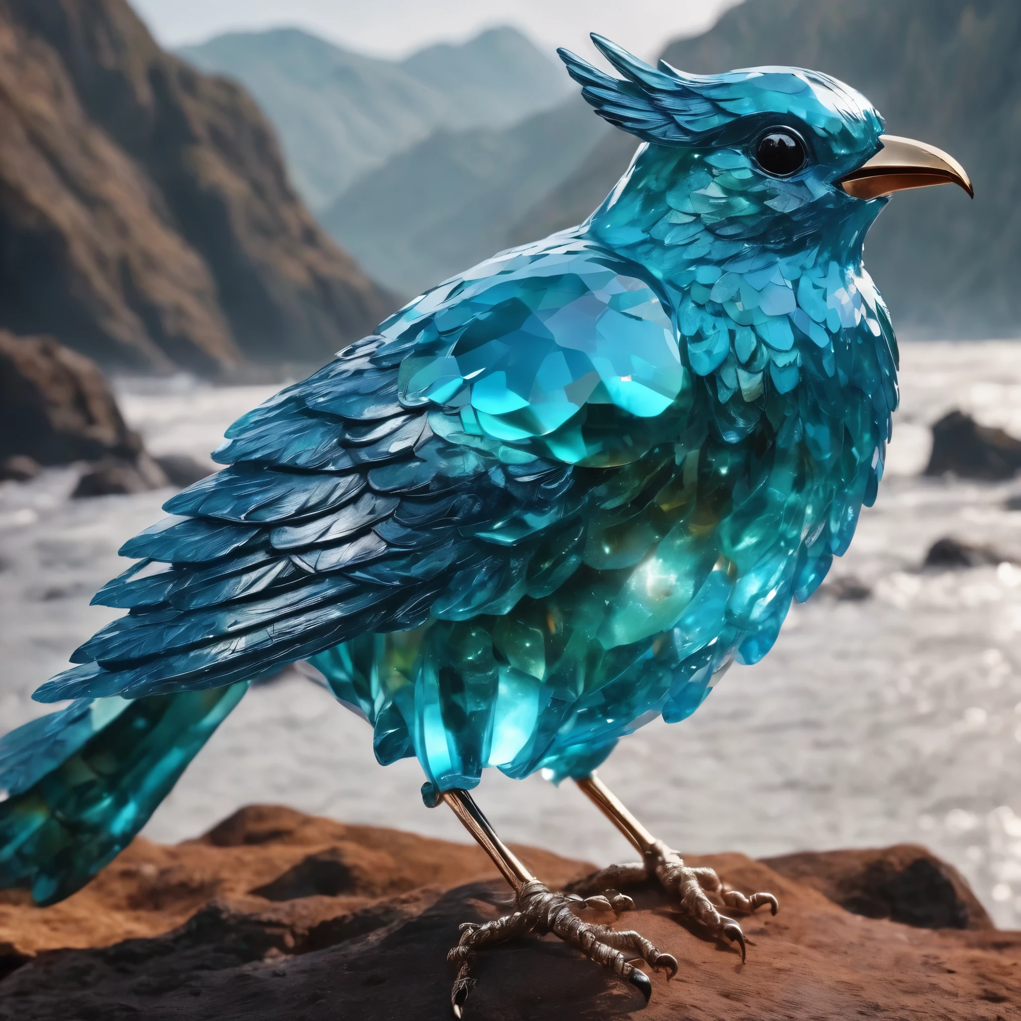 、A bird made of sky blue to turquoise gemstones.   There is no one、masterpiece, 8k, Perfect quality , Realistic,Ultra-crisp details , Detailed Background   