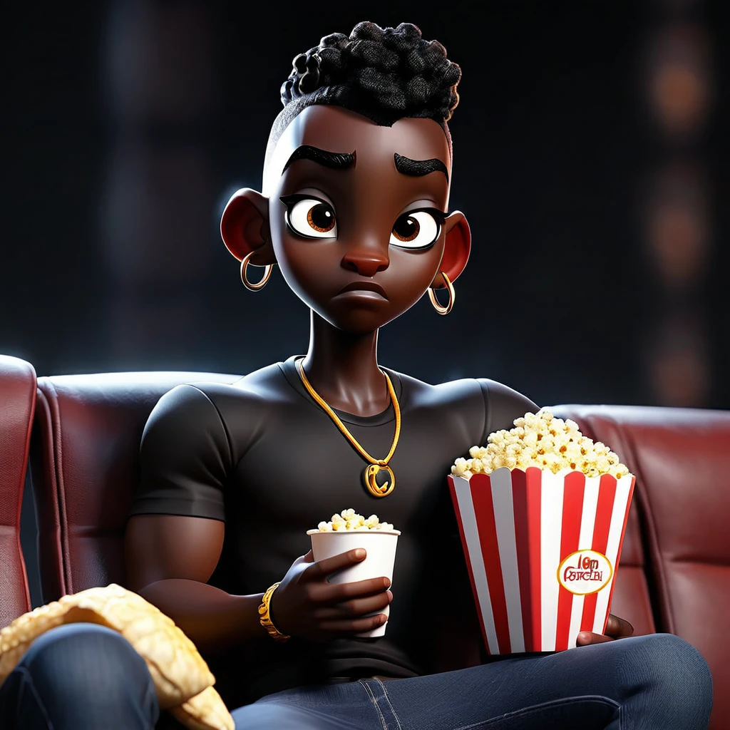 A black avatar with superpowers watching a movie and eating popcorn with a black shirt and on the shirt there is this img2img written cineflick