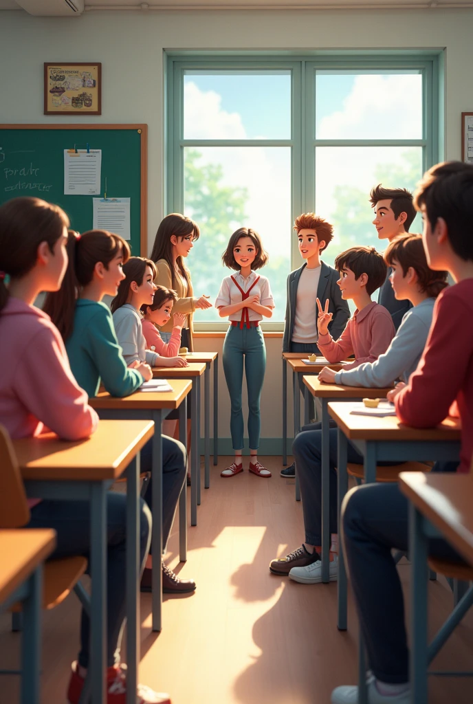 13 students talking in their classroom sitting