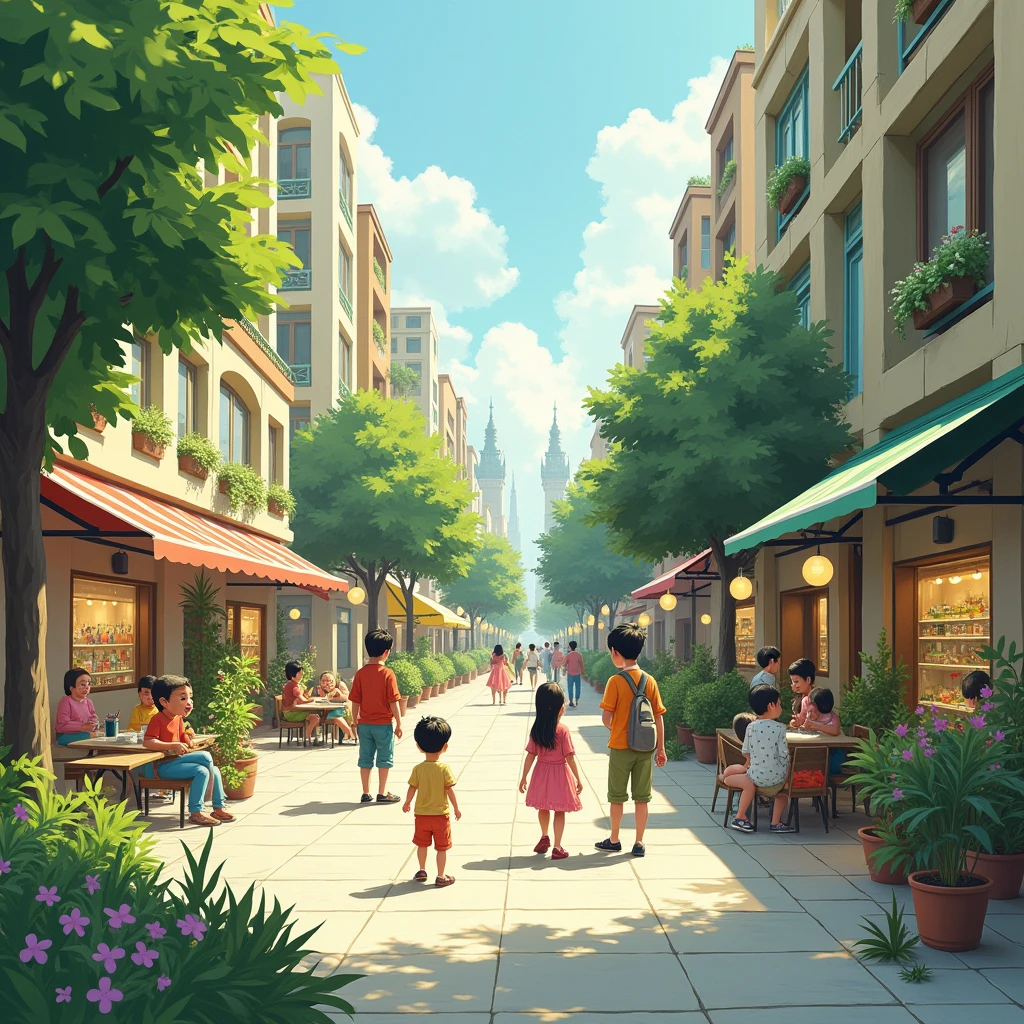 an ideal city with public spaces, children, green areas, commerce