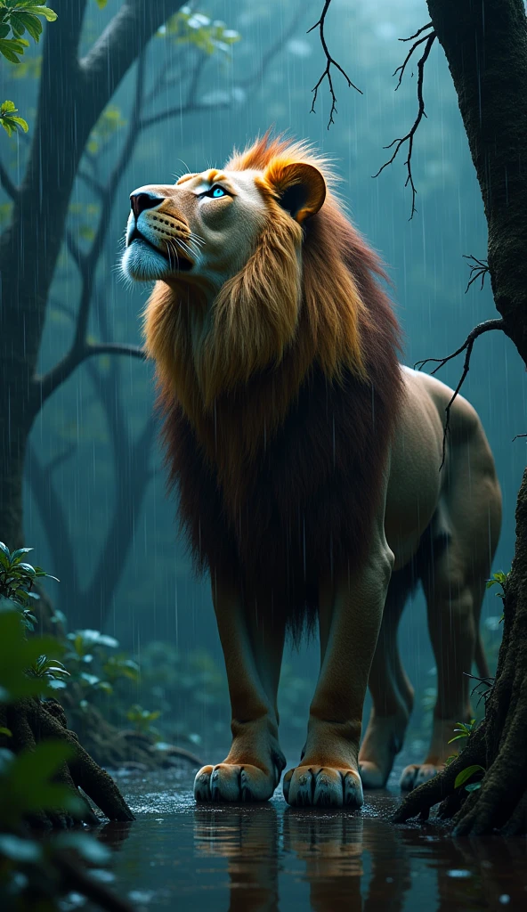 Create an ultra realistic 8k image of a big and beautiful strong lion with blue eyes looking at the sky, raining, in a swamp, the night
