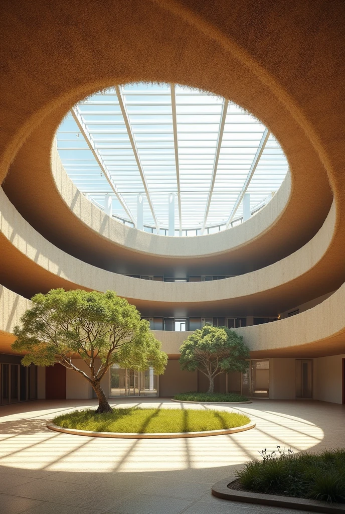 Polycarbonate skylight in a large circular courtyard of a hospital with a quadruple height where it is noticeable that the roof is made of straw.
remembering the architectural approach

