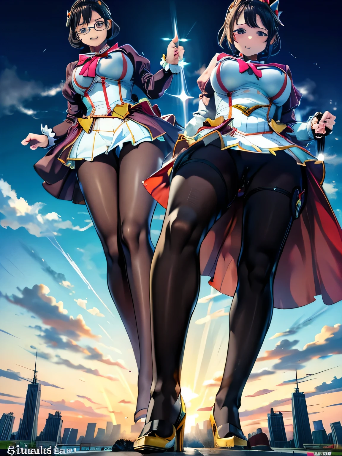 multiple girls, 3girls, standing, giantess art, highly detailed giantess shots, giantess, most detailed, perfect face, Two legs, Five fingers, short hair, A beautiful girl who is bigger than a skyscraper, Wearing rimless glasses, smile, huge breasts, magical girl dress, bow, magical girl, holding a magical wand, black pantyhose, stiletto heels, thunderbolt from a magical wand, seaside metropolis, numerous miniature warships on the sea, Destroying cities, Under heavy attack, A very small big city, Miniature metropolis, Full body description, GTS, giga giantess, gigagts, stomping city, crash city, tiny city, micro city, pantyhose feet, High resolution, highest quality, masterpiece,