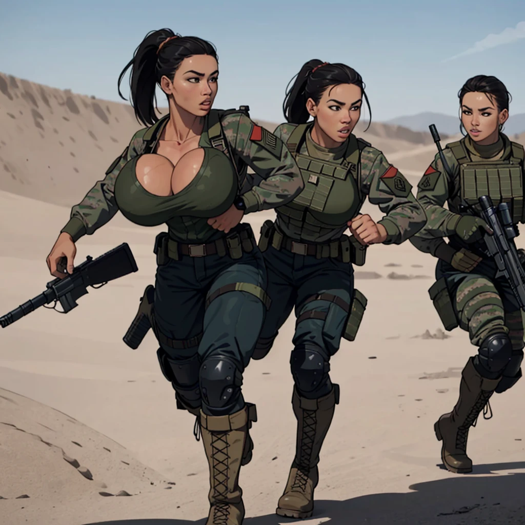 group of female soldiers, war photography, (cinematic lighting:1.1), highest quality, photo of (group of fully dressed really tanned 20yo sexy muscular female army special forces with taut clothing military top, ponytail hair, running holding a rifle), (bouncing breasts, motion lines, motion blur), too tight military shirt, medium_boltedontits, perfectly round breasts, breast implants, unaligned breasts, perfect face, parted lips, dumb expression, (wearing military Combat uniform, battlepack, boots:1.2), athletic body, on the battlefield, fake tits, bootsnutes