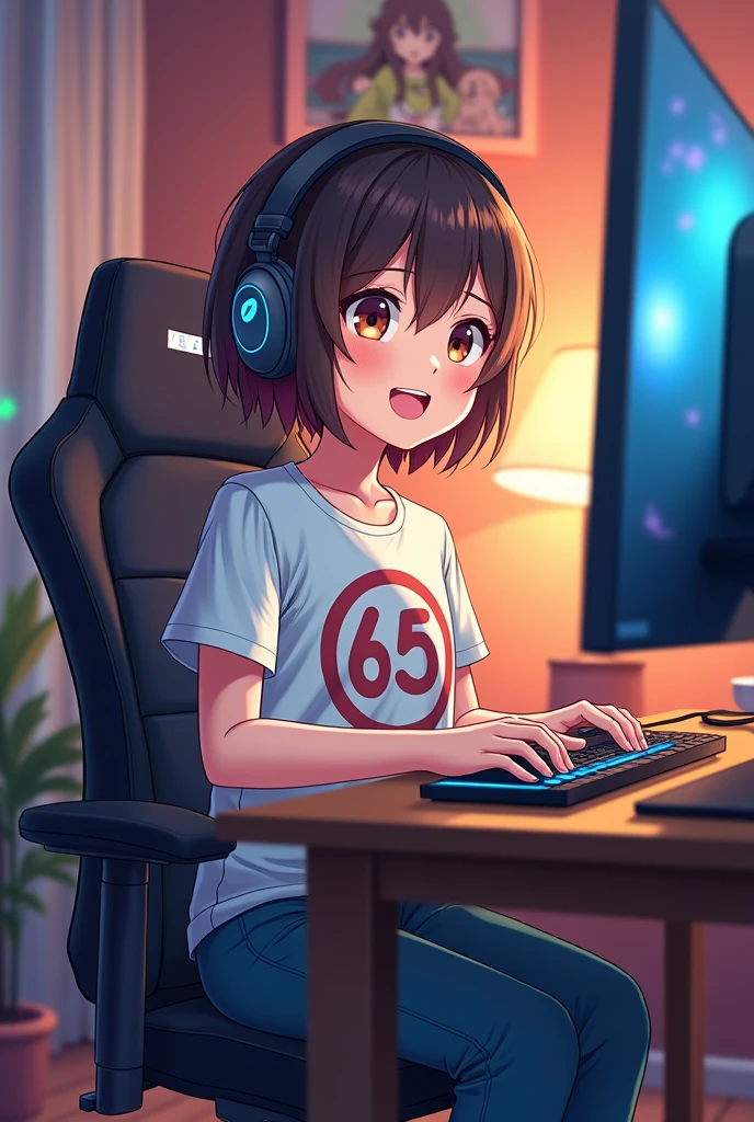 playing on the computer happily in gamer clothes anime version with brown eyes