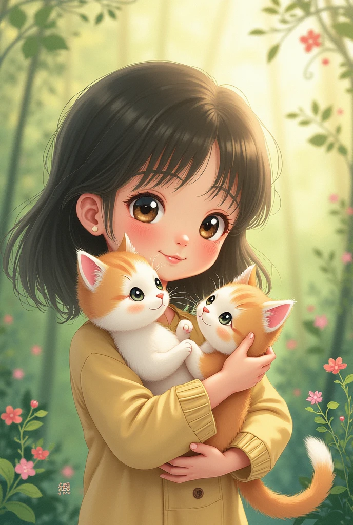 create a studio ghibli style drawing of a girl holding two kittens