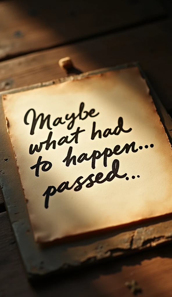 create a photo of a handwritten note on paper with the text "Maybe what had to happen... passed...", dramatic lighting, changing colors, cinematographic composition, Imperfections, natural shadows, photorealistic, Very detailed, Intricate, sharp focus, masterpiece