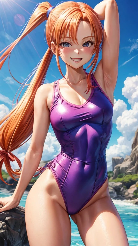 Jessica Albert (Dragon Quest), Jessica Albert, 1 woman, pink high leg leotard swimsuit with v neck, short pigtails, orange hair showing on forehead, beautiful, masterpiece, best quality, smiling face, looks in the eye of the beholder,