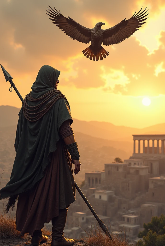 Medieval man wearing old hood holding a broken spear , admiring the greek skyline , as an eagle flies across the sky.
