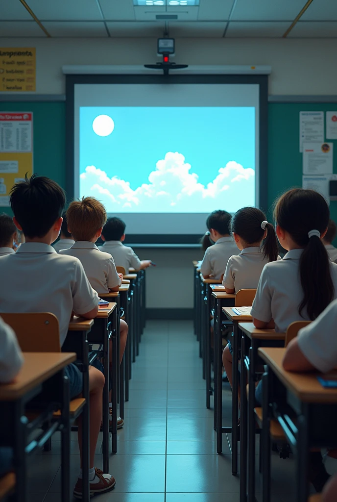 Students in the classroom where there is a television with the news of the day. The students are sitting watching TV  