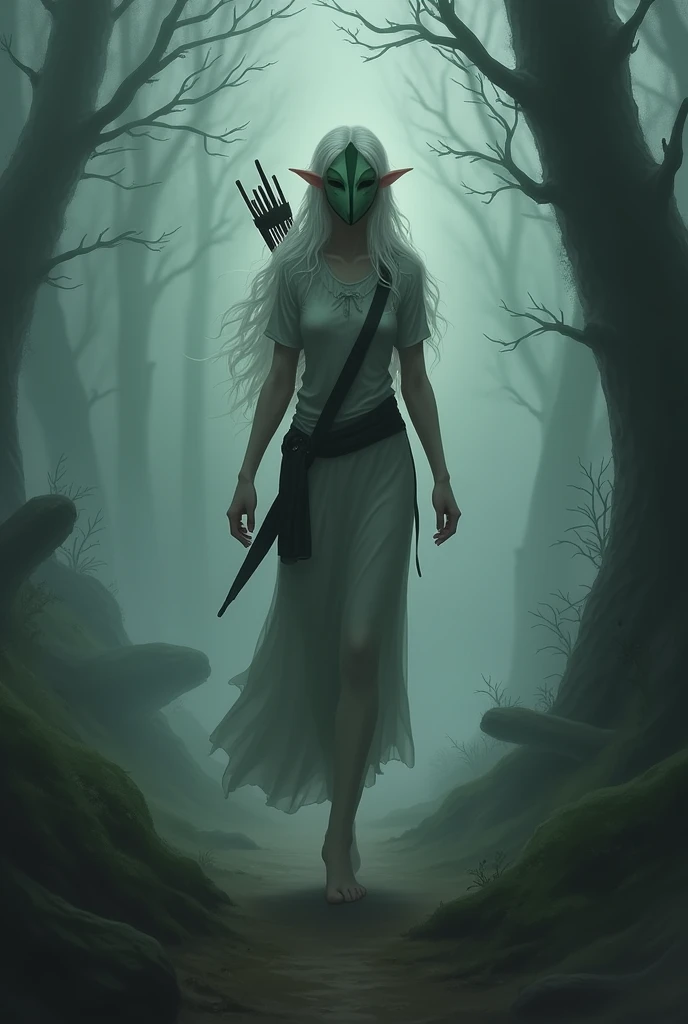 slender elf, with wavy white hair, face covered by a simple, straight mask made of white and green wood, in huntress clothes, walking through a dark, foggy forest, with a bow on the back