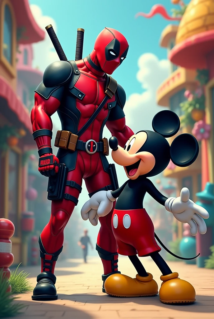 Deadpool with his classic suit next to Mickey Mouse in a funny way