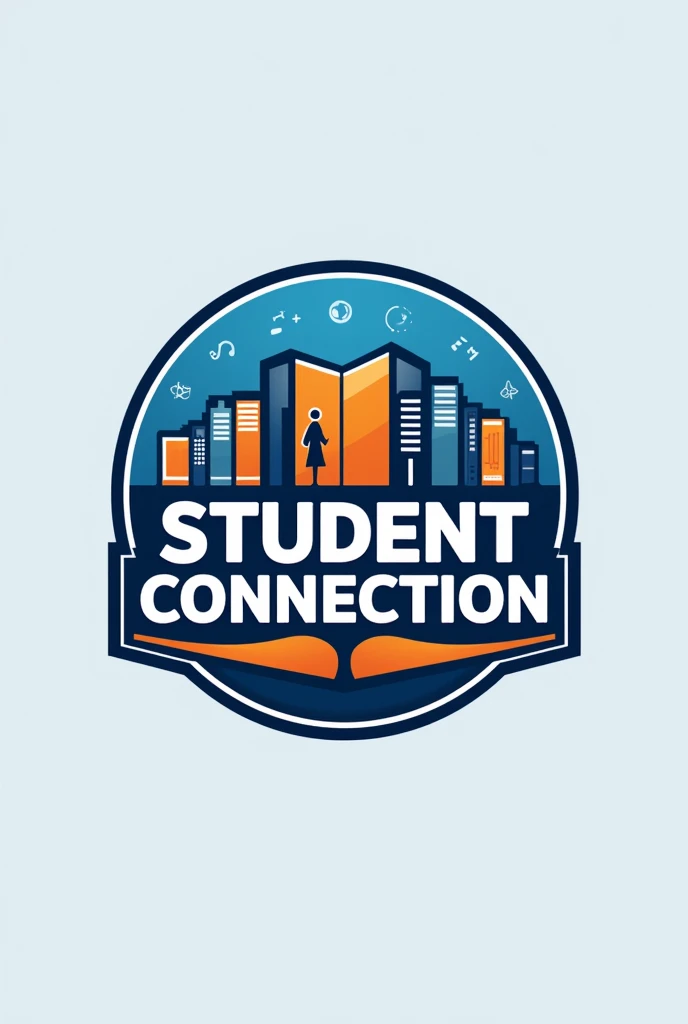 create a logo in a modern style using blue colors, orange and white for the school's student union with books on the back and the name student connection