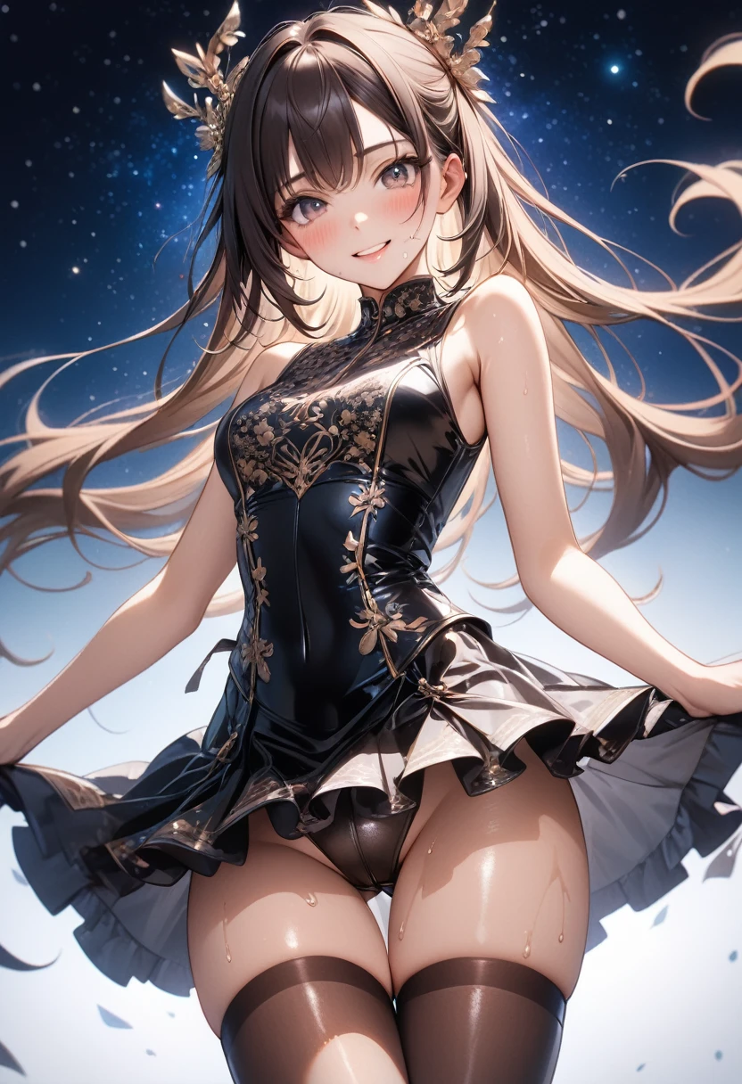 (Evil smile), (((Costumes that exude evil, Gorgeous embroidery, Leather panties, skirt, Pantyhose))), ((Shiny Costumes)), ((skindentation)), skinny, solo, 1 woman, Masterpiece, highest quality, highest quality, 16K, incredibly absurd, highly detailed, 2.5D, ai-generated, delicate and dynamic, very delicate facial expressions, delicate eye depiction, erotic, only sexy woman, ((A cute and kind face)), healthy figure, ((25-year-old woman)), 160cm tall, medium firm swaying bust, Dark Hair, blush, Sweat,Embarrassed,sexy, ((thin thighs)), shiny and lustrous, facing straight at viewer, (((in heat))), ((Oily_skin)), ((Lots of sweat)), (((Brown Skin))), ((dutch angle)), ((erotic pose)), (((Dynamic Pose))), ((Starry Sky)), (Metallic clothing:0.7),