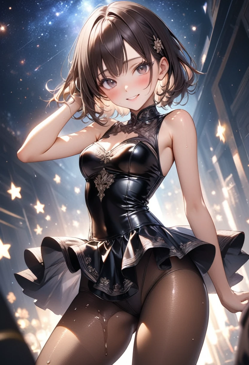 (Evil smile), (((Costumes that exude evil, Gorgeous embroidery, Leather panties, skirt, Pantyhose))), ((Shiny Costumes)), ((skindentation)), skinny, solo, 1 woman, Masterpiece, highest quality, highest quality, 16K, incredibly absurd, highly detailed, 2.5D, ai-generated, delicate and dynamic, very delicate facial expressions, delicate eye depiction, erotic, only sexy woman, ((A cute and kind face)), healthy figure, ((25-year-old woman)), 160cm tall, medium firm swaying bust, Dark Hair, blush, Sweat,Embarrassed,sexy, ((thin thighs)), shiny and lustrous, facing straight at viewer, (((in heat))), ((Oily_skin)), ((Lots of sweat)), (((Brown Skin))), ((dutch angle)), ((erotic pose)), (((Dynamic Pose))), ((Starry Sky)), (Metallic clothing:0.7),