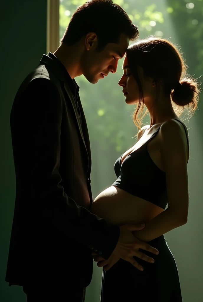 A stunning profile portrait of Neo, holding Trinity from the Matrix, she is pregnant, holding her belly, young and beautiful, hyper realistic, real portrait, backlit, exquisite features, cleavage, sexy, seductive, natural light, soft light, romantic, neo 2 people: neo and trinity