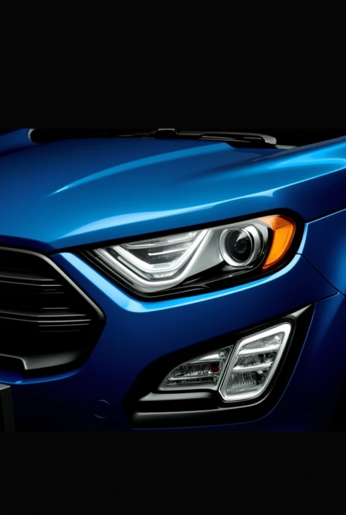 Front photo of a blue Ford Ecosport 2020 with original Drl with a black photo background with high resolution, but only show the headlight part