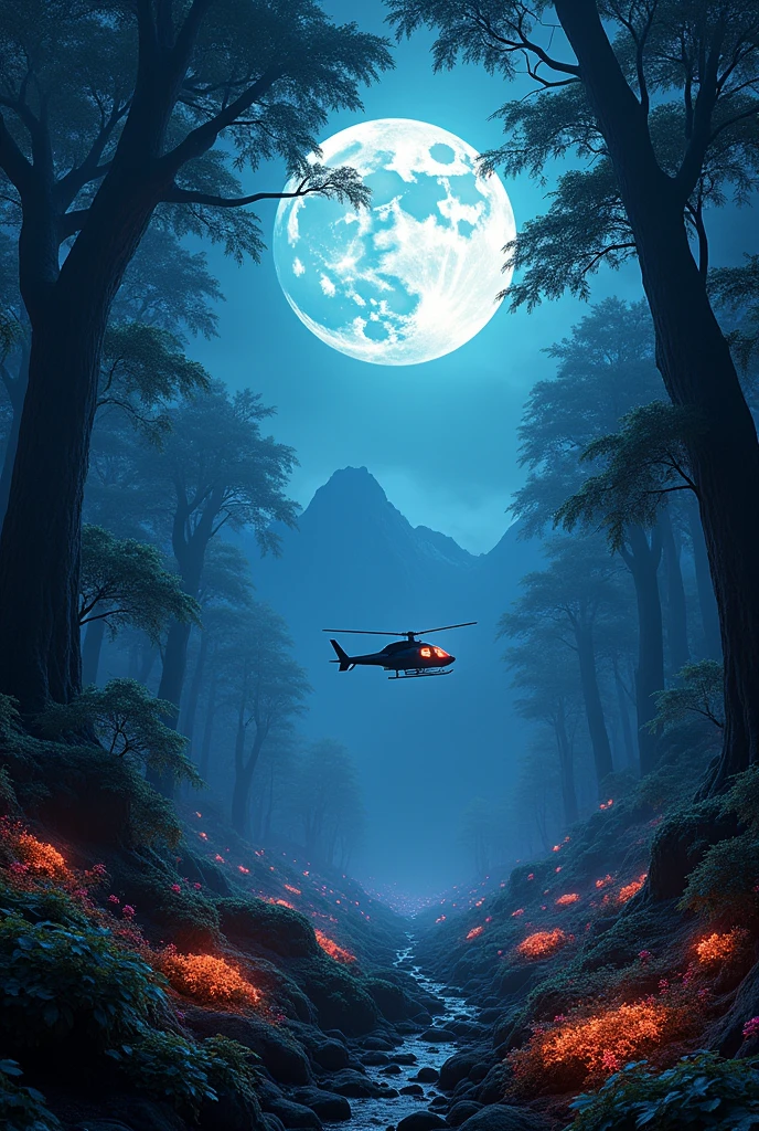 A vast forest seen from an aerial perspective, with colossal trees standing majestically under the light of the full moon. The iridescent vegetation shines with vibrant hues, while the flora emits strong bioluminescence, creating a magical and surreal atmosphere. In the distance, the mountains loom in the moonlight. A futuristic helicopter flies over at low altitude, illuminating the treetops with its soft light. The image must be in high resolution 8K HDR, with ultra-fine details that capture the essence of a nighttime environment full of life and mystery.