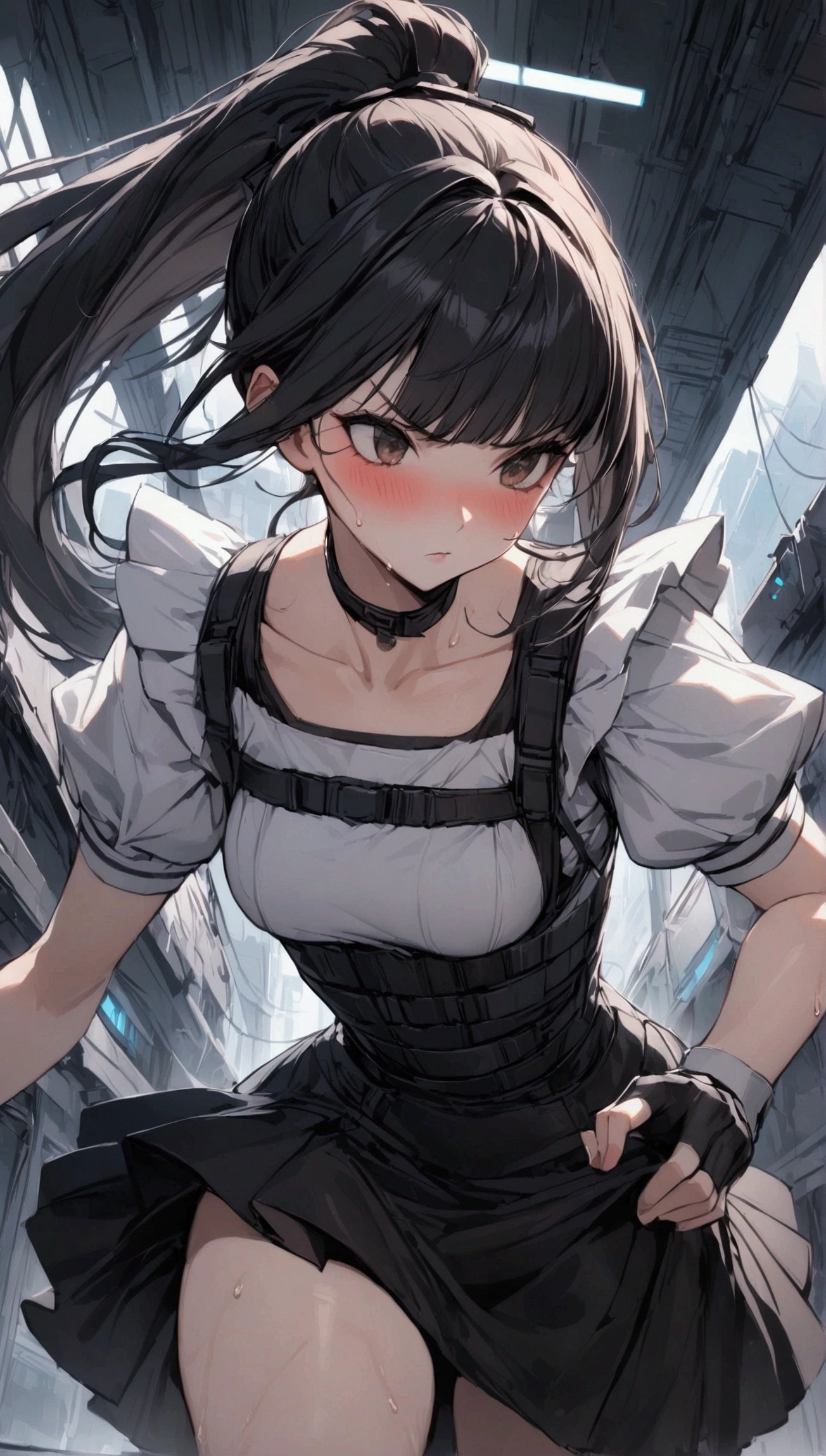 1girl solo,Female fighter ,maid outfit, collarbone, {{white puff sleeves:1.4}}, {{White short-sleeved puff-sleeved blouse:1.6}},black shoulder straps, black corset, black flared skirt, blunt bangs, black choker. Dynamic composition,dutch angle,{{fight}},{{masterpiece}}, {{{Highest quality}}},{{Very detailed}},holster ,Fight,,{{v-shaped eyebrows}},Bad mood,blush,Sweat,raise one's eyebrows ,Black hair Long hair,Blunt bangs ,cyberpunk ,Black fingerless gloves ,White frilled apron,ponytail,Beautiful thighs,Training area,Indoor