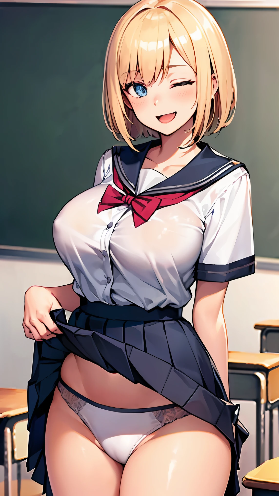 (gleaming skin:1.3), (18yo girl:1.8), blush, laughing, A milf with blonde short hair, tan skin, sky-blue eyes, open mouth, wearing a white bikini, breast,standing, (classroom:1.6). arms behind back. 1girl, extremely detailed CG, super detailed skin, perfect anatomy, dynamic lighting, beautiful detailed eyes, Top quality、Realistic、woman、milf 、Beautiful Eyes、Symmetrical eyes、evil smile、one eye closed, right eye closed, (Big breasts bigger than face、curvy body:1.2)、 (summe school uniform, skirt:1.6), (gleaming skin:1.4)、walkings、BREAK nsfw, (skirt lift:1.5),
